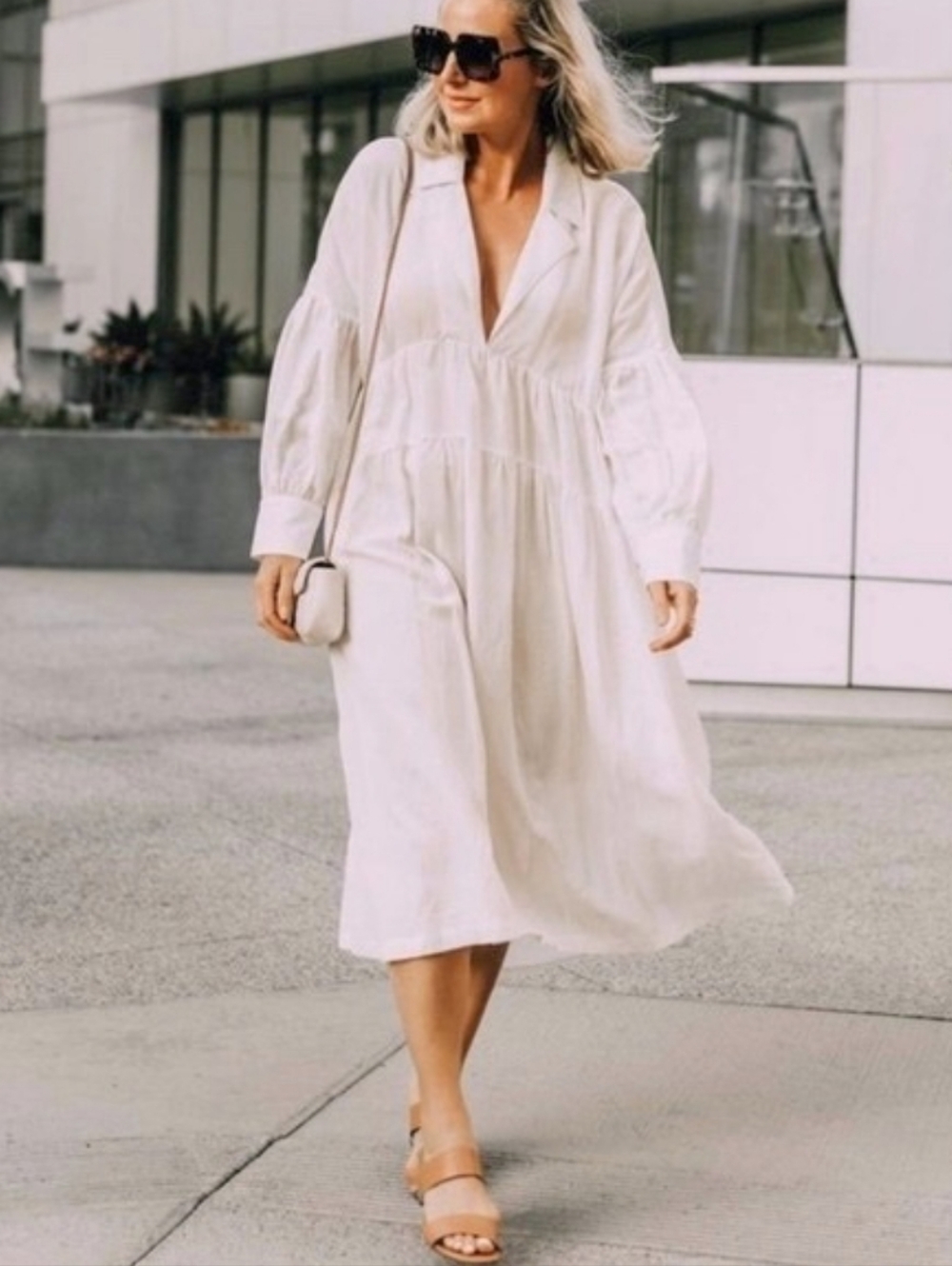 L'Academie Solid White The Celina Linen Blend Midi Dress
